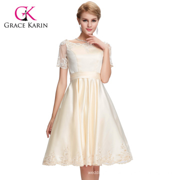 Grace Karin 2016 Short Sleeve Knee Length Satin Champagne Prom Dress Gown GK000062-2